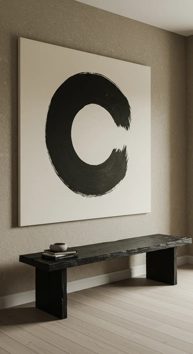 Un gran cuadro con un círculo negro pintado a mano sobre un banco de madera oscura.