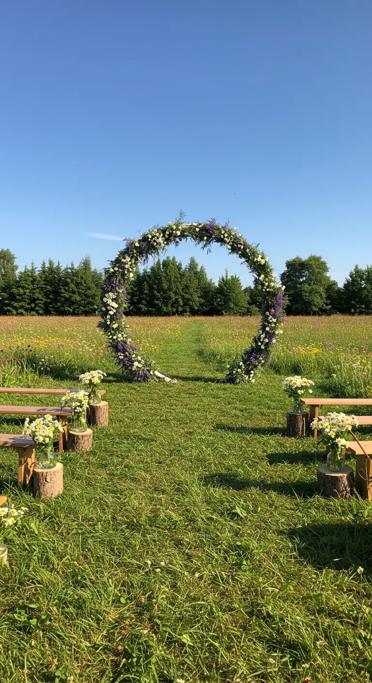 Arco de boda circular con flores silvestres en medio de un prado verde.