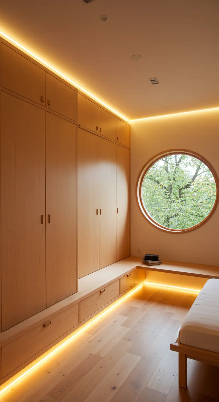 Dormitorio de madera con ventana circular e iluminación LED indirecta.