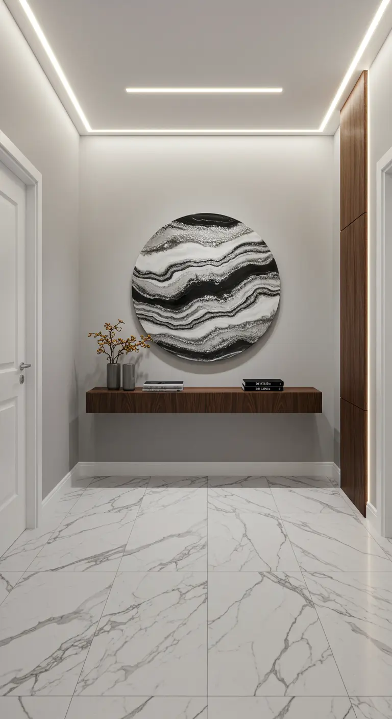 Recibidor moderno con una obra de arte circular en blanco y negro sobre una balda flotante de madera.