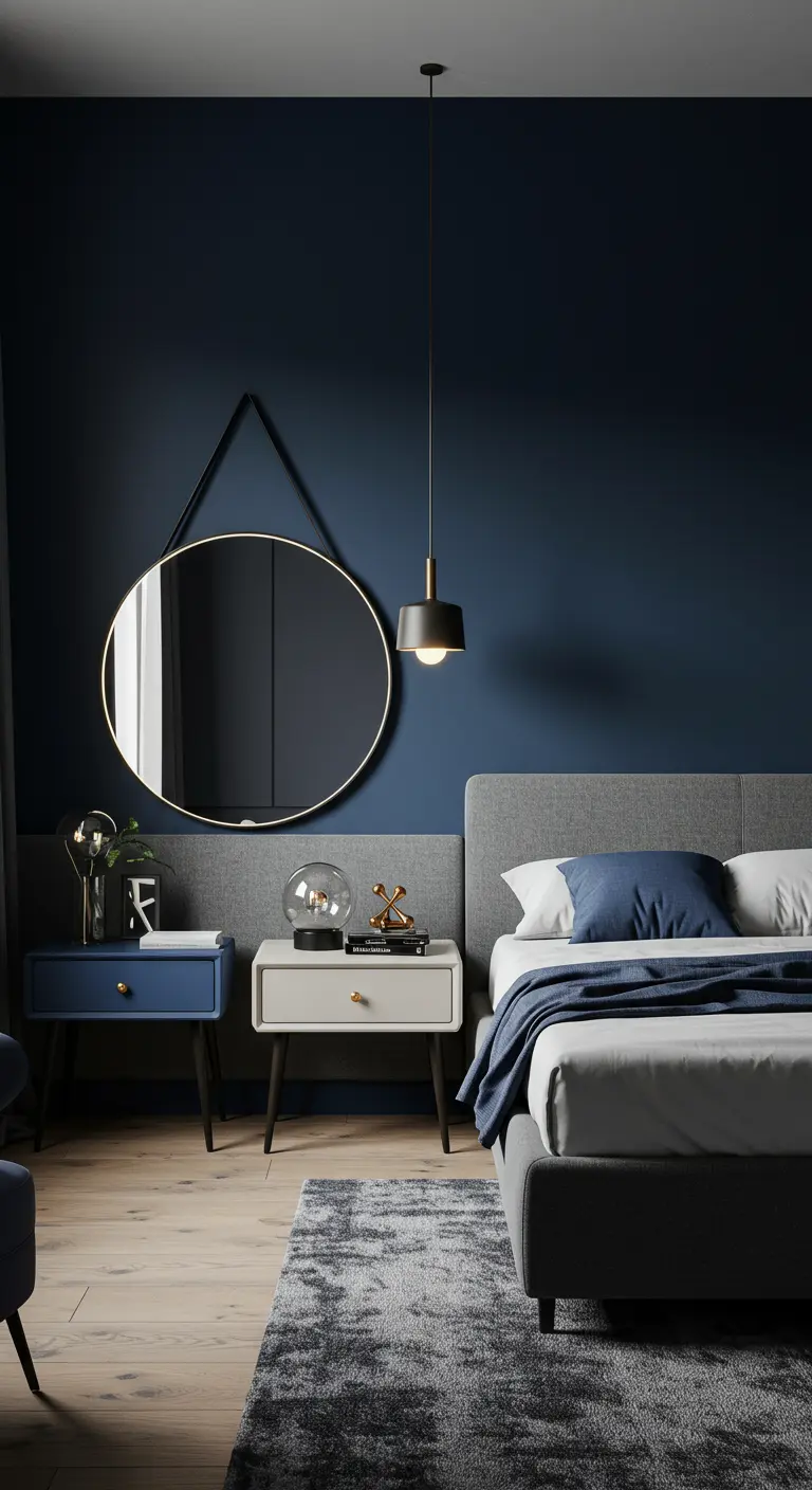 Espejo redondo con marco dorado colgado en una pared azul oscuro sobre una cama tapizada en gris.