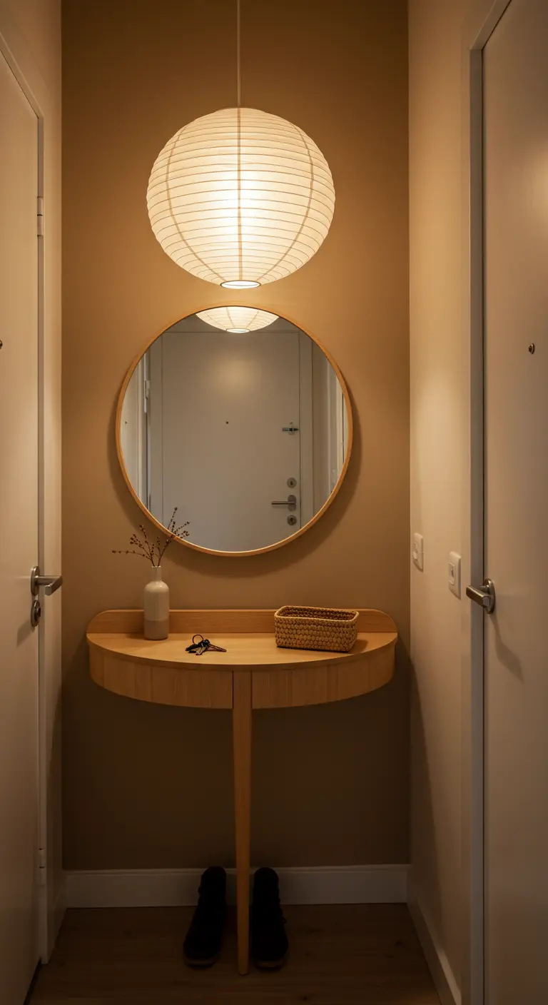 Rincón de entrada con espejo redondo, lámpara de papel y consola curva de madera.