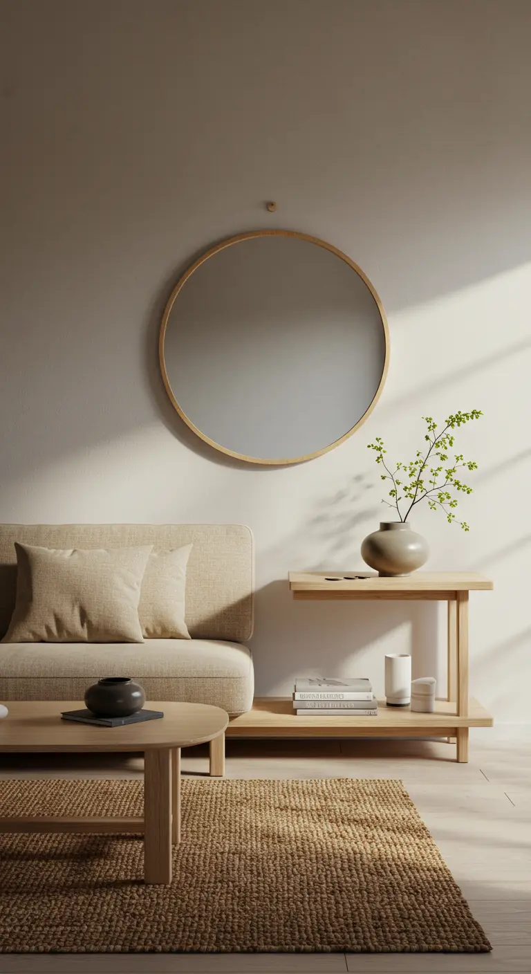 Espejo redondo con marco de madera en una pared beige sobre un sofá de tela natural