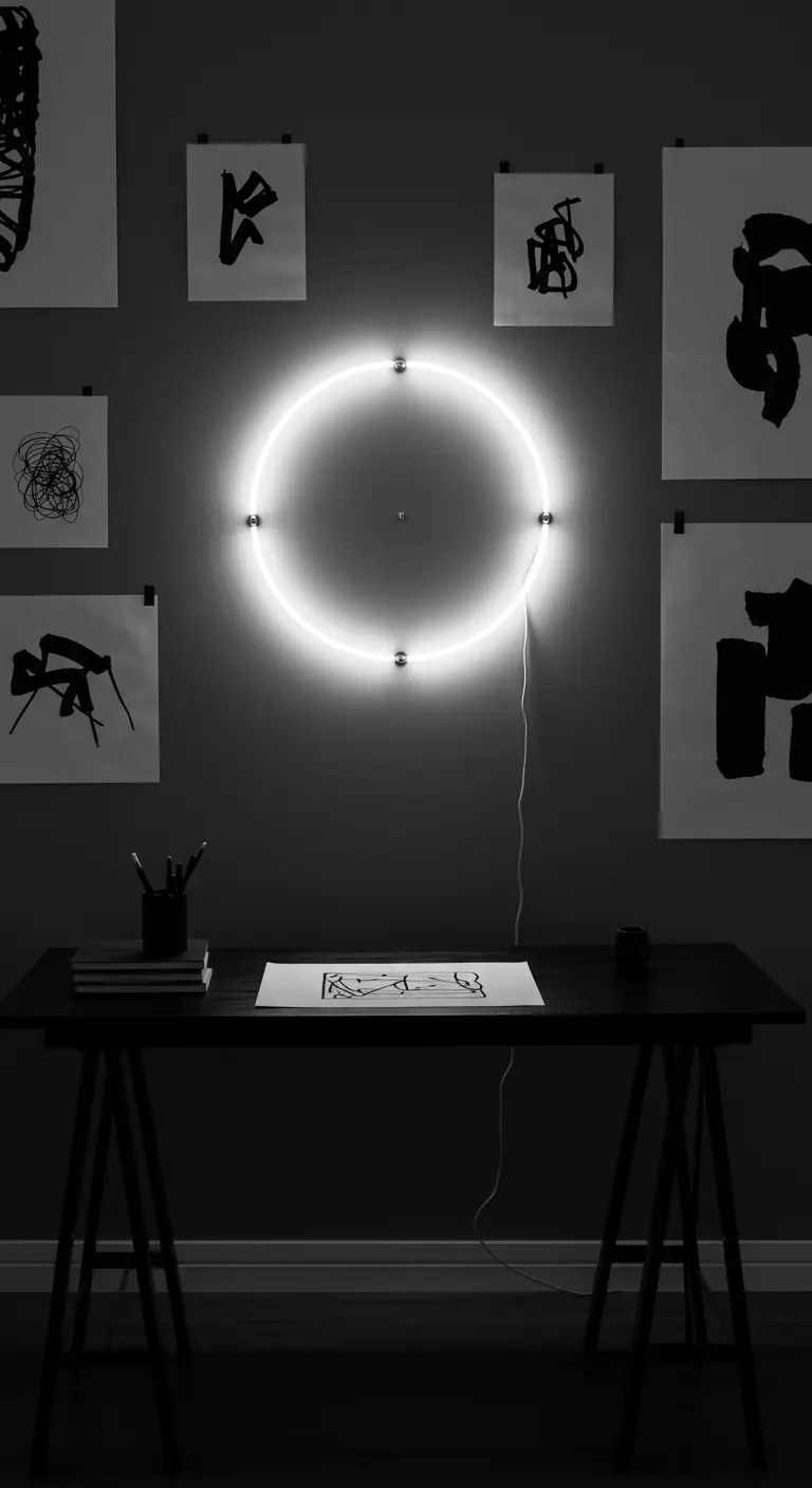 Espacio de trabajo en blanco y negro con un neón circular blanco y arte abstracto.