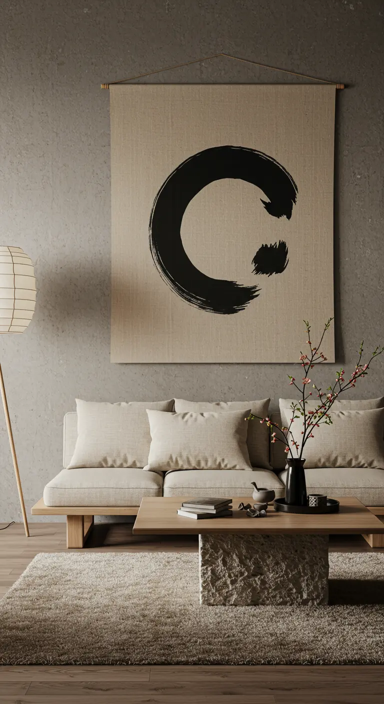 Tapiz con un círculo Enso japonés en una sala de estar minimalista de estilo zen.