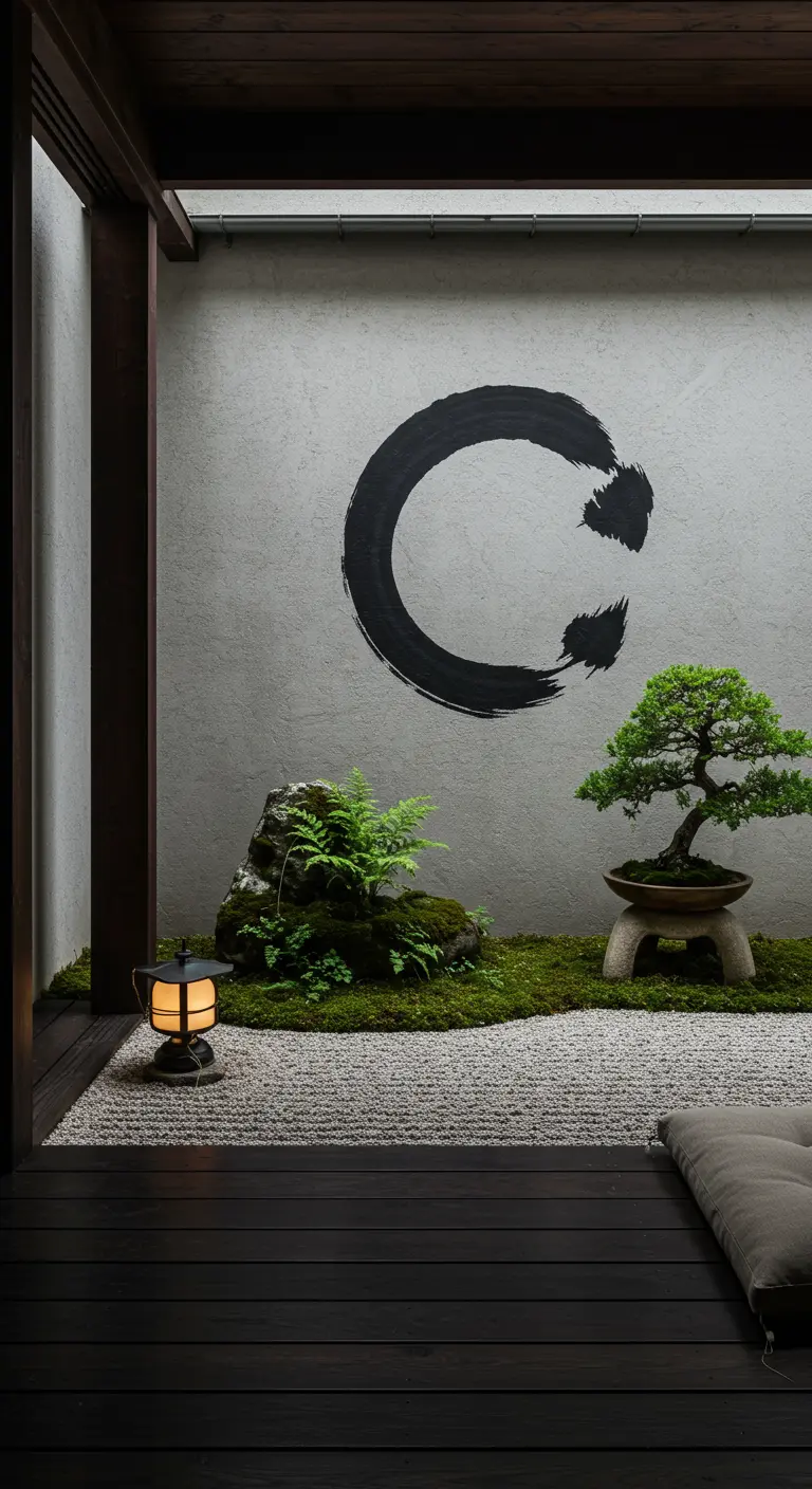 Patio interior de estilo zen con un mural del círculo Ensō, un bonsái y grava blanca.