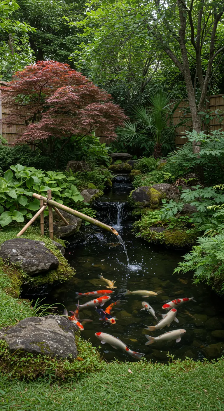 Pequeño estanque japonés con peces koi y una fuente de agua de bambú tradicional.