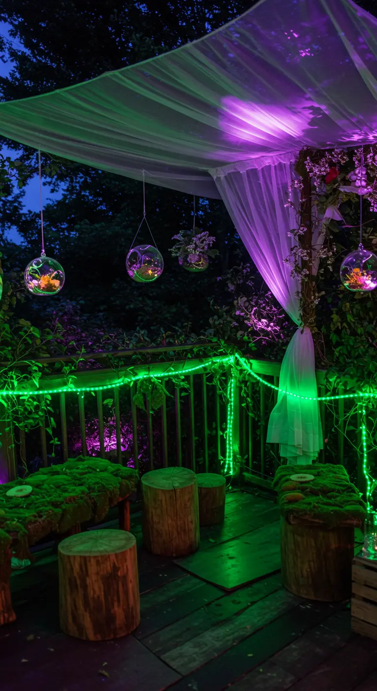 Balcón de madera con decoración natural, musgo y luces LED verdes y moradas creando un ambiente de bosque
