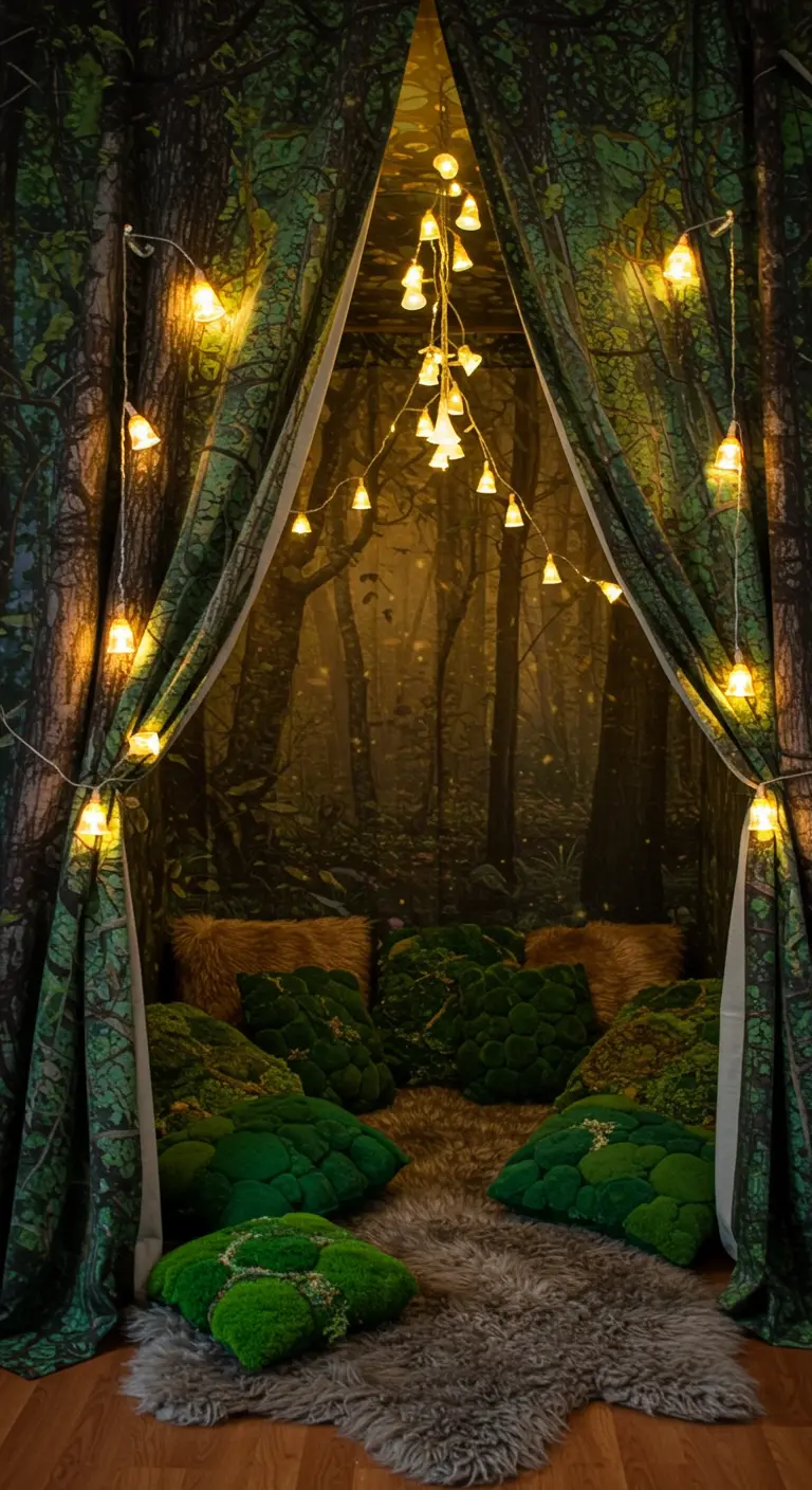 Rincón de lectura temático de bosque con cortinas estampadas, cojines de musgo y luces cálidas
