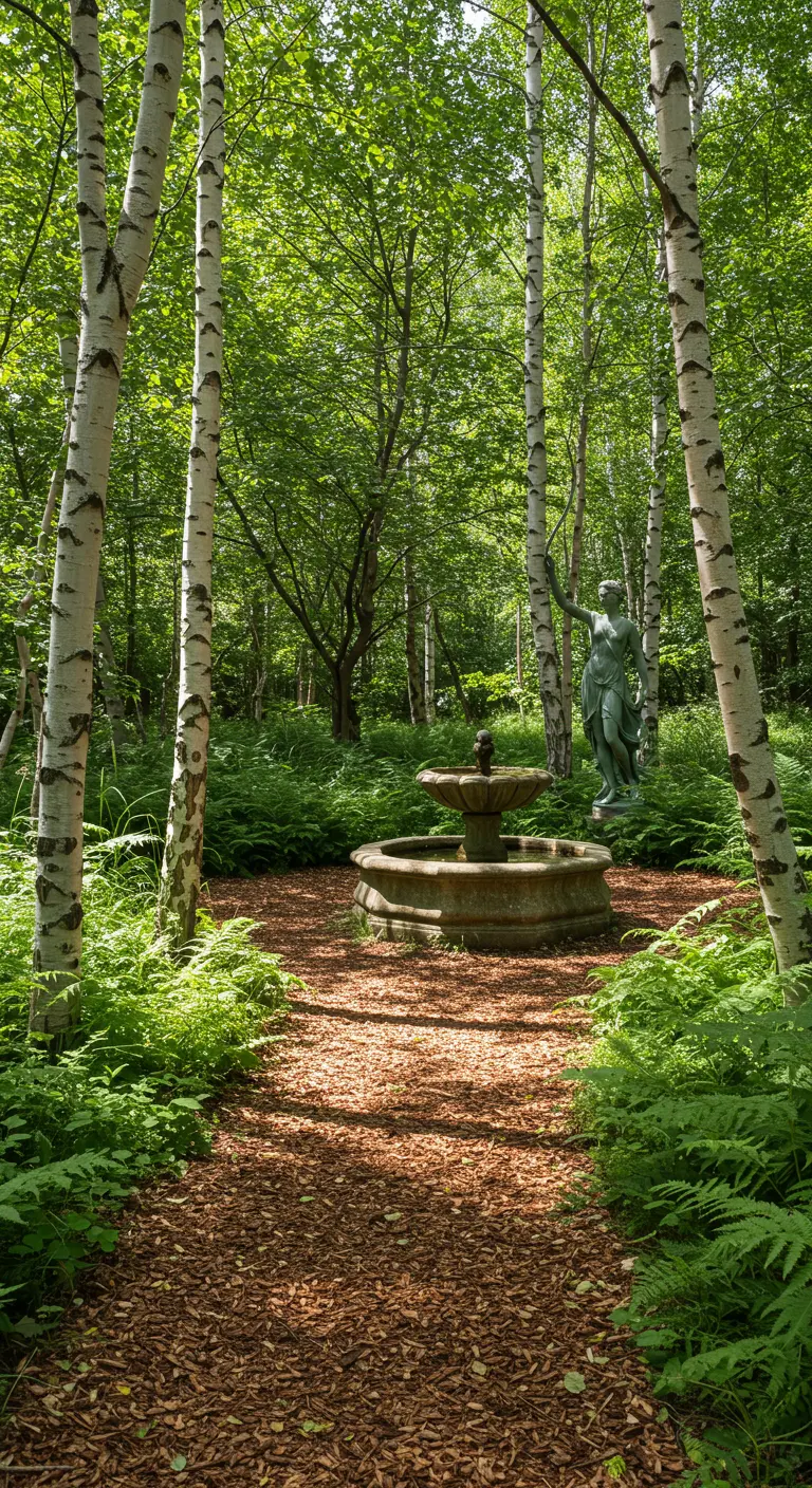 Fuente de piedra y estatua de bronce en un claro de un bosque de abedules y helechos.