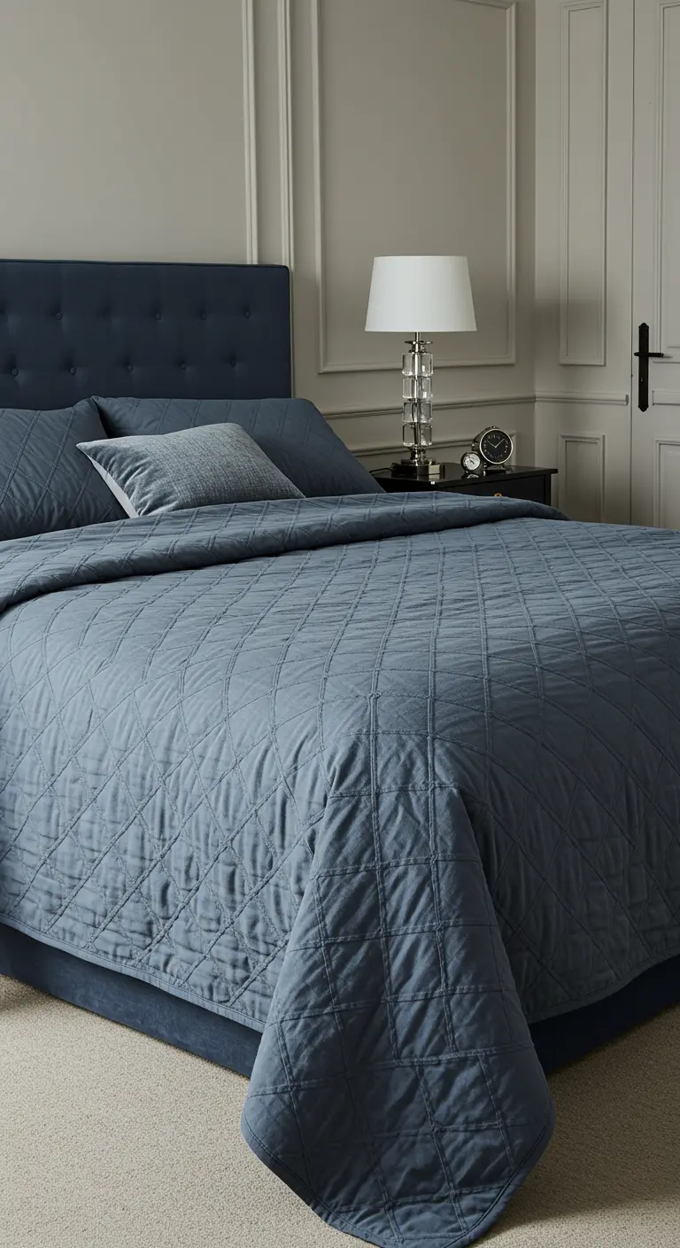 Cama con una colcha acolchada de color azul grisáceo con un patrón de costuras en rombos.