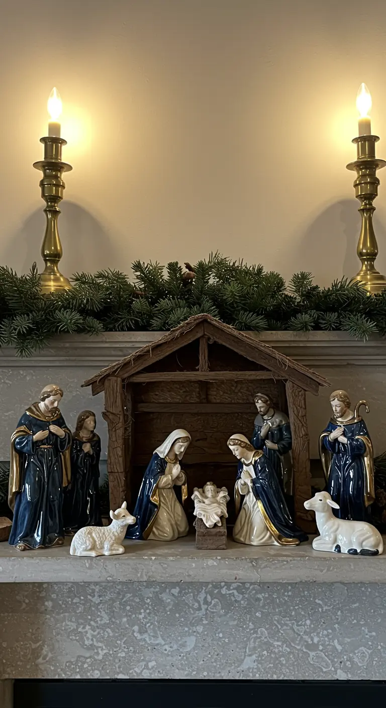 Belen clásico de porcelana sobre la repisa de una chimenea decorada con ramas de pino.
