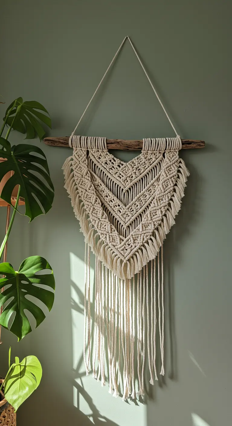 Tapiz de macramé color crudo con diseño en V sobre una rama natural, colgado en pared verde.