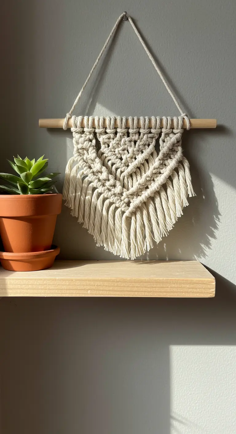 Pequeño tapiz de macramé de color crudo colgado en una pared gris sobre una estantería de madera.