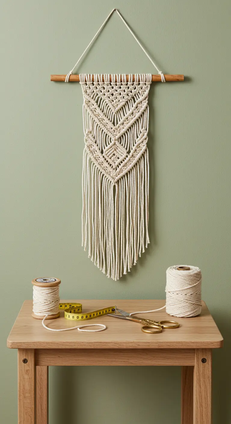Tapiz de macramé de estilo clásico colgado en una pared verde