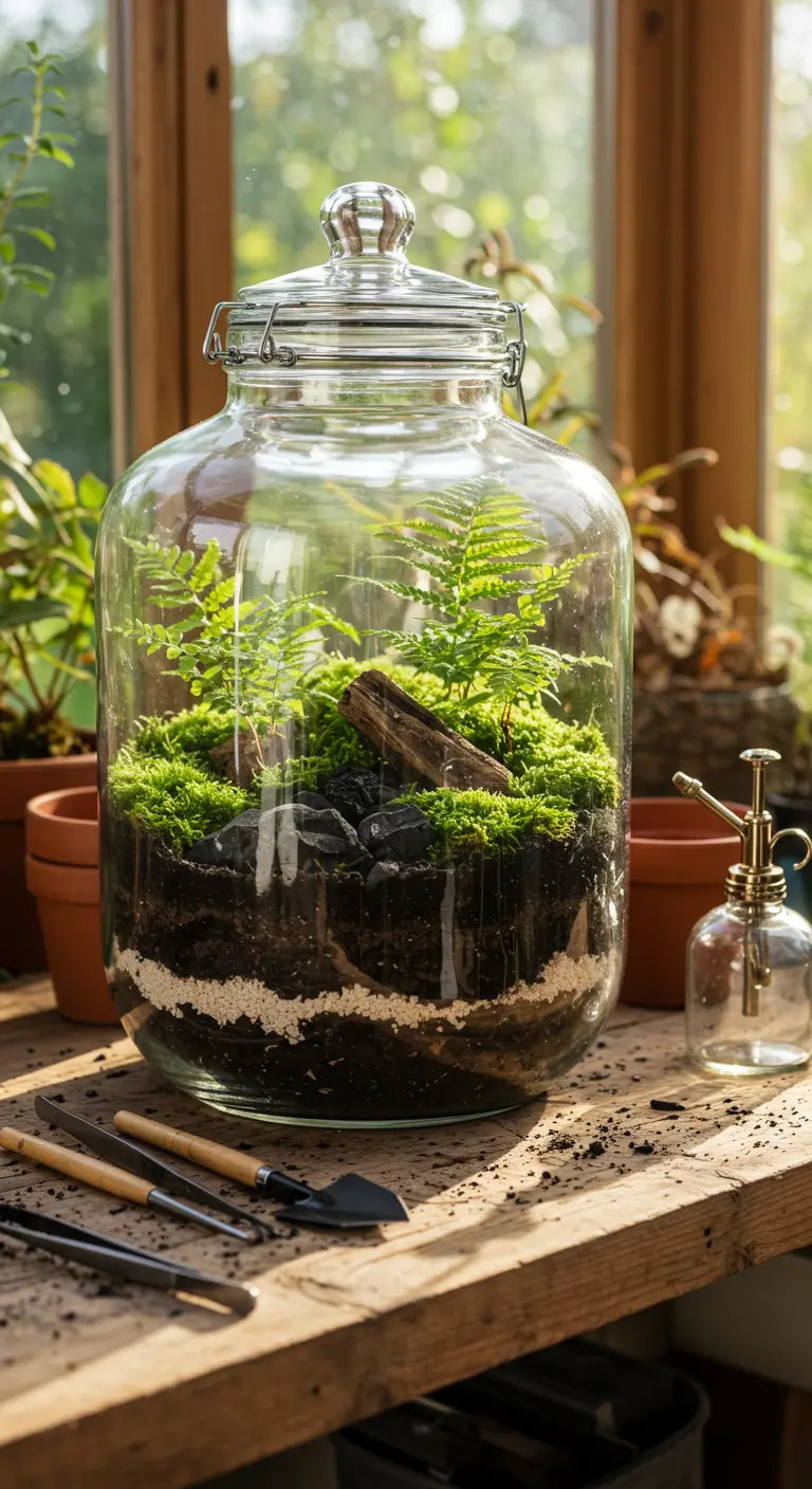 Un gran terrario en un frasco de vidrio con tapa, lleno de helechos, musgo y tierra en capas.