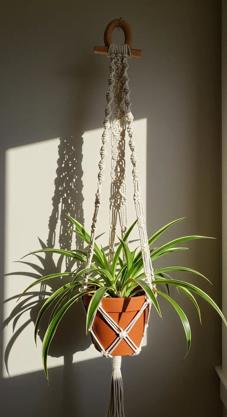 Colgador de macramé de algodón crudo con nudos decorativos sosteniendo una planta araña.