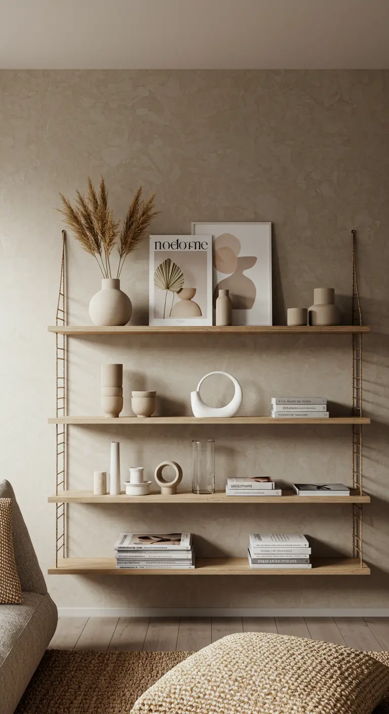 Sistema de estanterías de pared de estilo escandinavo con soportes de alambre y baldas de madera clara.