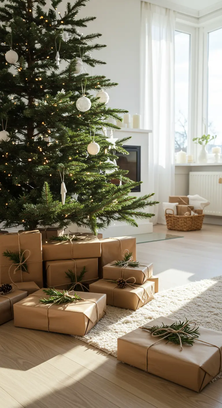 Regalos envueltos en papel kraft con romero apilados bajo un árbol de Navidad.
