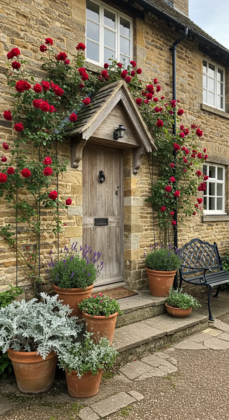 Entrada de casa de piedra con rosales trepadores rojos, macetas de terracota y banco de hierro.