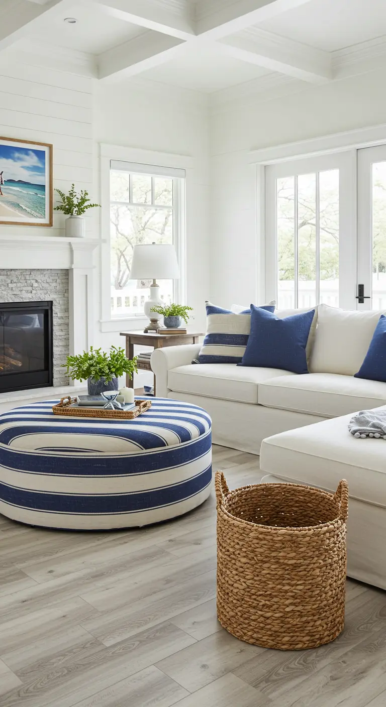 Sala de estar náutica con puf de rayas azules y blancas, sofá blanco y cesta de mimbre