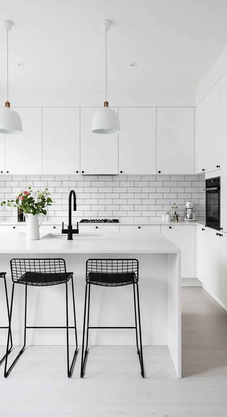 Cocina blanca con salpicadero de azulejos tipo metro y taburetes de rejilla negra.
