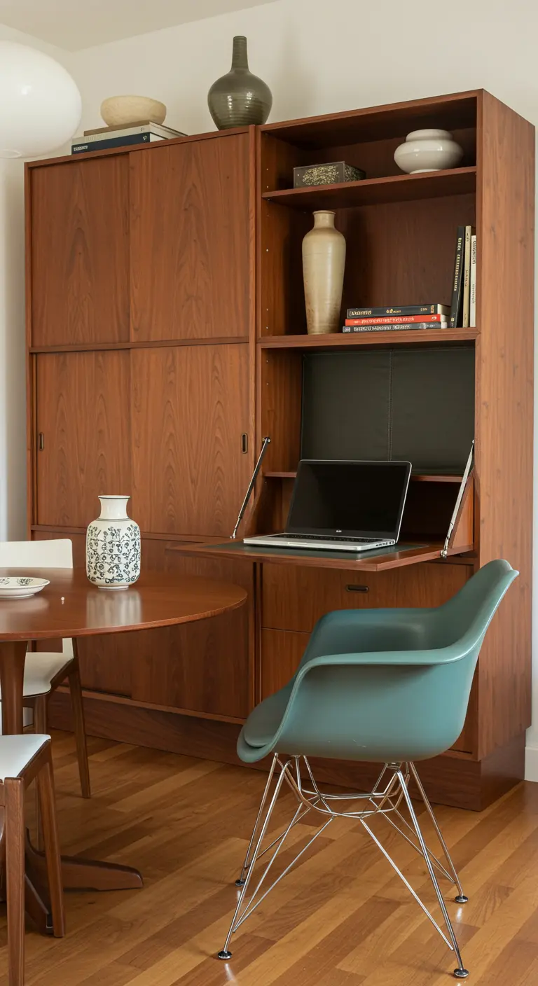 Mueble de madera de estilo mid-century con un escritorio abatible integrado en el centro.