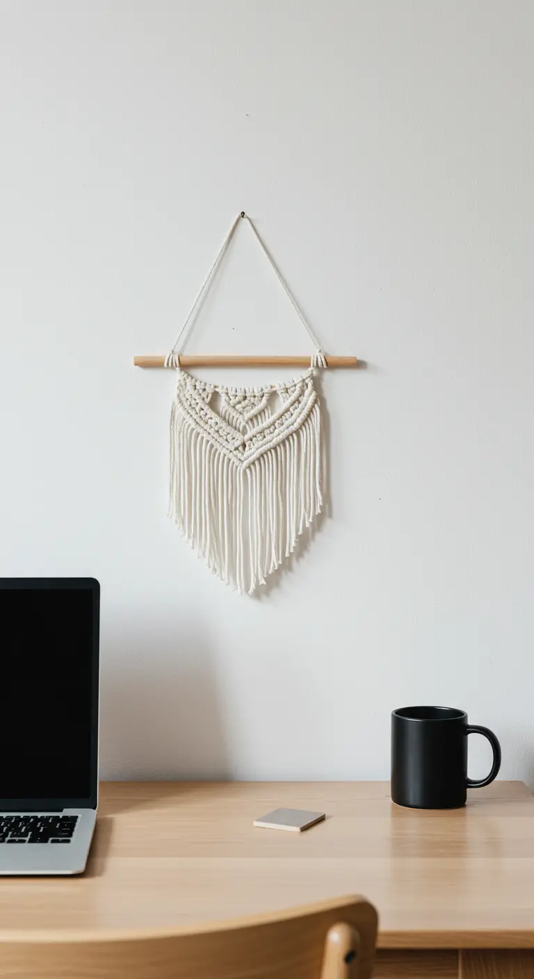 Tapiz de macramé blanco con forma de V colgado sobre un escritorio de madera minimalista.