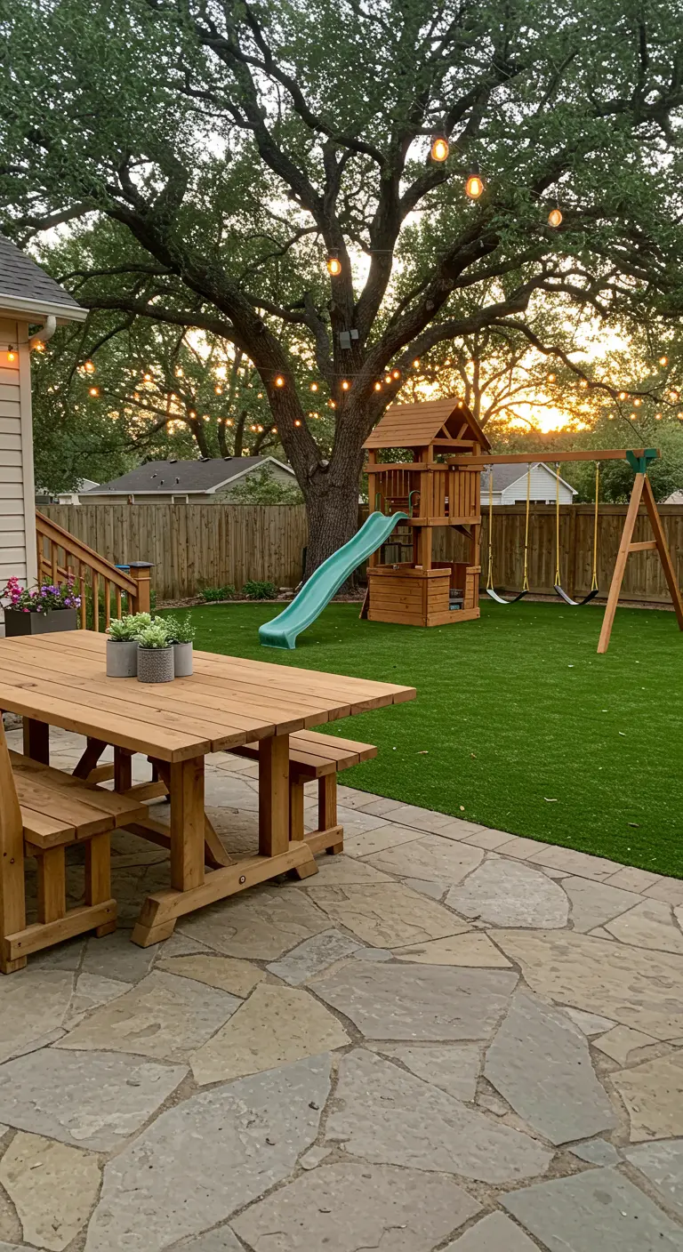 Jardín familiar con zona de comedor de madera y un parque infantil con tobogán y columpios