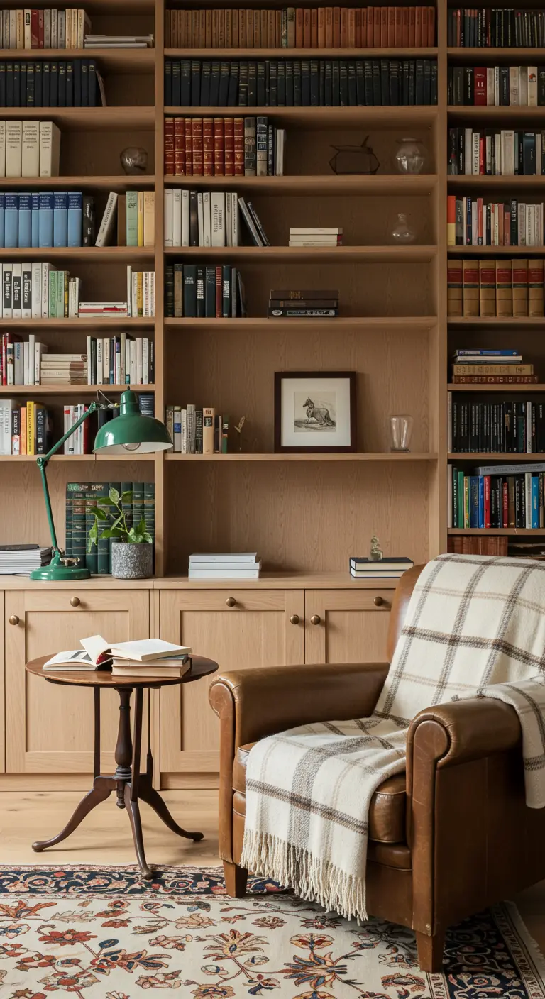 Rincón de lectura con una gran librería de madera y un sillón de cuero