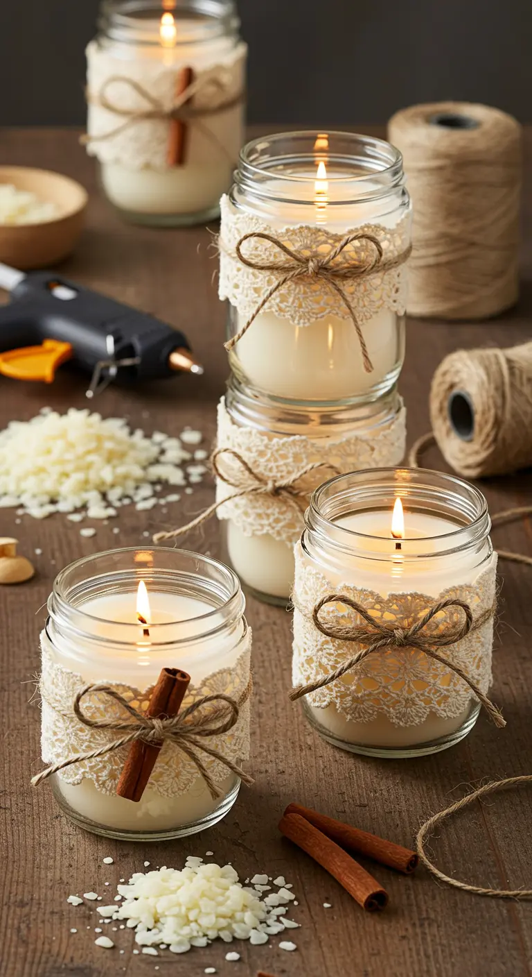 Velas caseras en frascos de vidrio decorados con encaje, yute y una rama de canela.