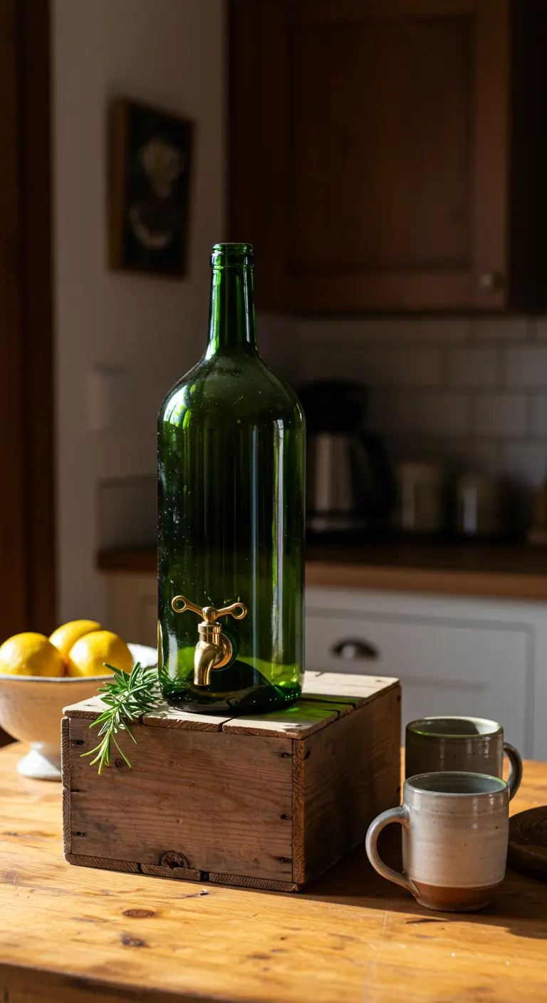 Dispensador de agua DIY con botella de vino verde y grifo dorado sobre una caja de madera rústica.
