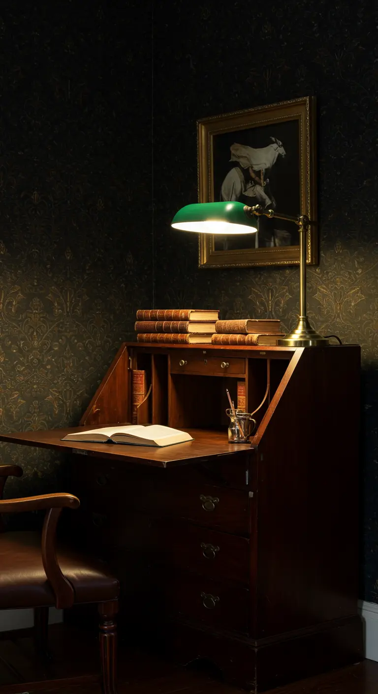 Escritorio secreter de madera oscura con la tapa abierta, iluminado por una lámpara de banquero.