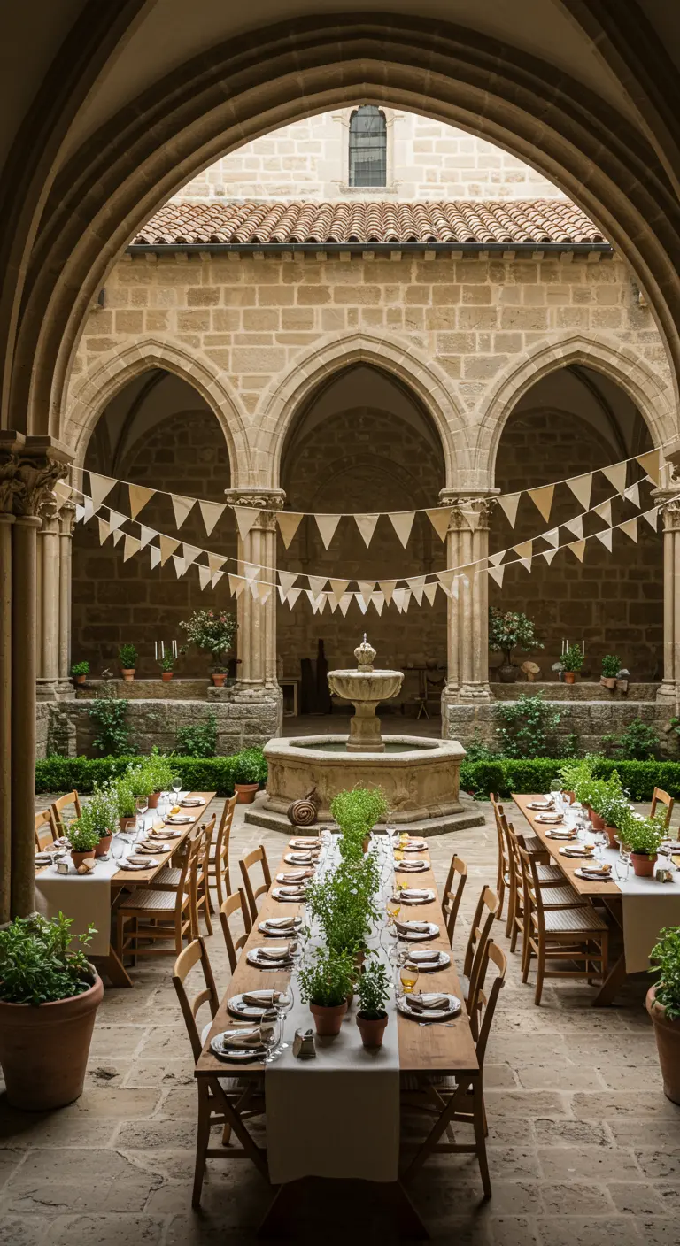Mesas de banquete en el patio de un claustro con arcos de piedra y una fuente en el centro.