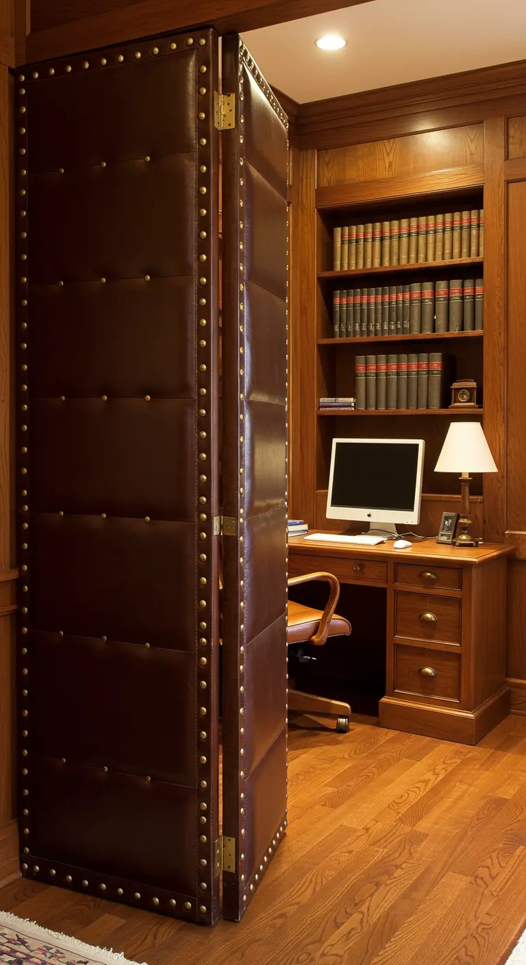 Despacho clásico oculto tras un imponente biombo de cuero marrón acolchado.