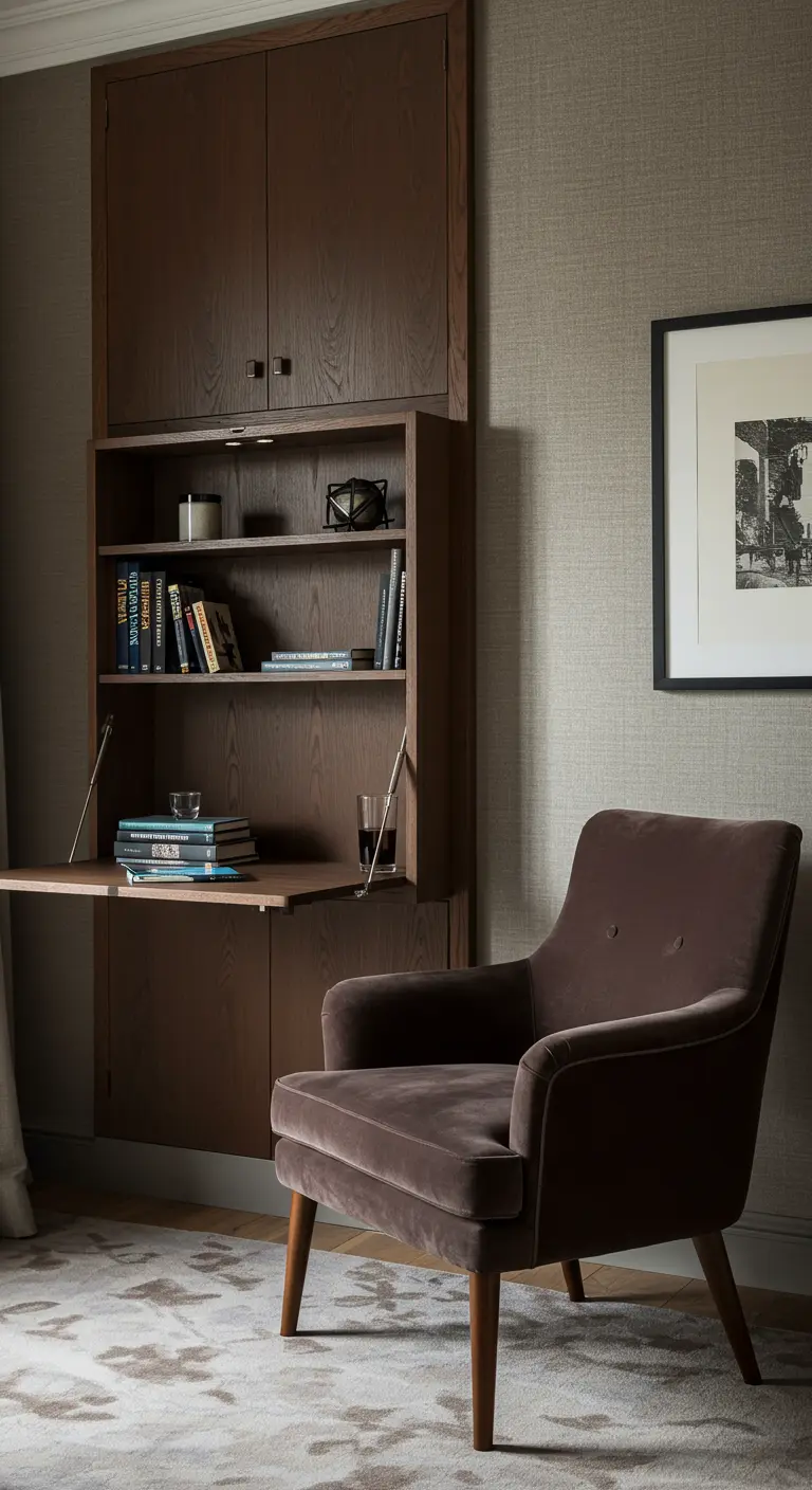 Mueble alto de madera oscura con escritorio abatible, creando un espacio de trabajo elegante.
