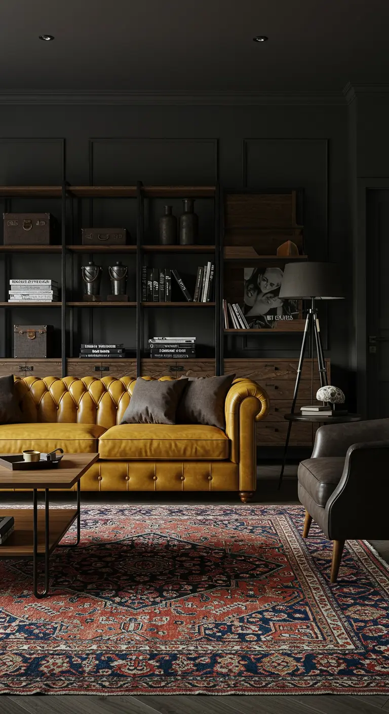 Sofá chesterfield mostaza en un estudio oscuro con estanterías industriales y alfombra persa.