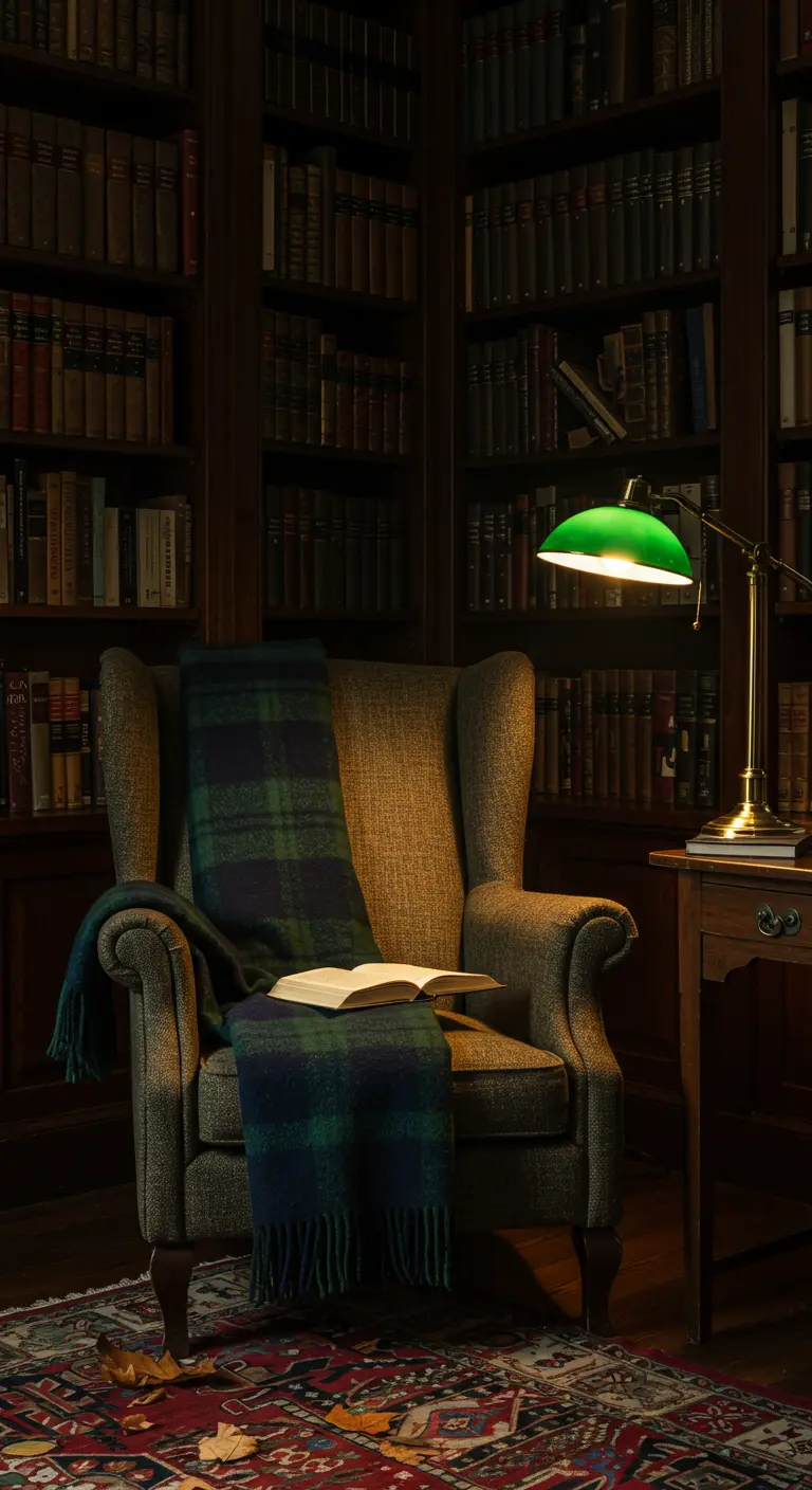Sillón orejero en una biblioteca oscura, con una manta de cuadros y una lámpara de banquero verde.