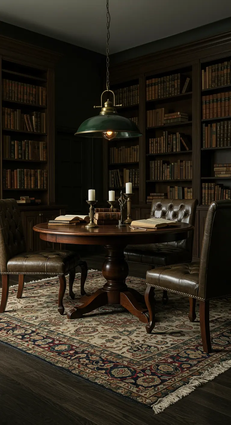 Comedor estilo biblioteca con estanterías llenas de libros y lámpara vintage.