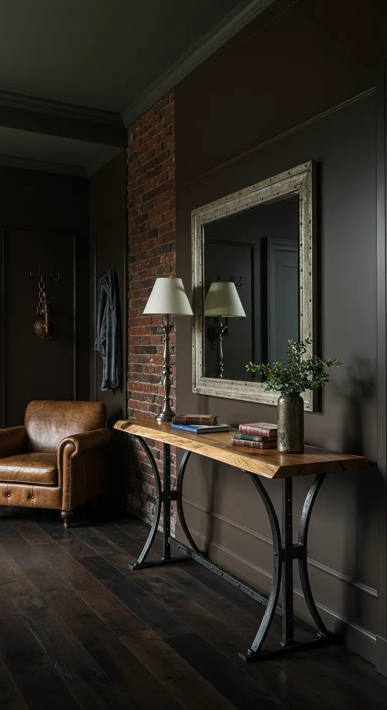 Recibidor oscuro y elegante con pared de ladrillo, consola de madera y sillón de cuero.