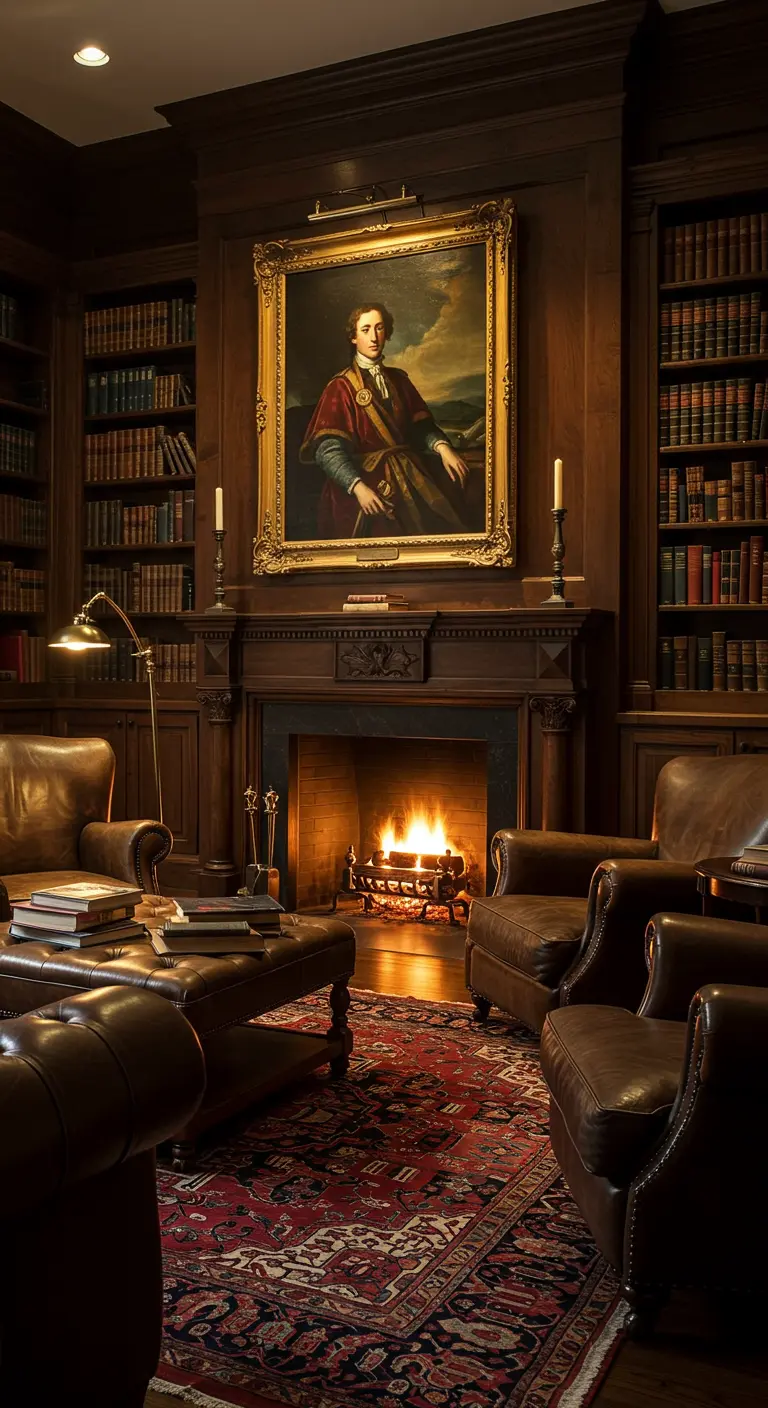 Biblioteca clásica con un retrato de época sobre la chimenea, estanterías de madera y sillones de cuero.