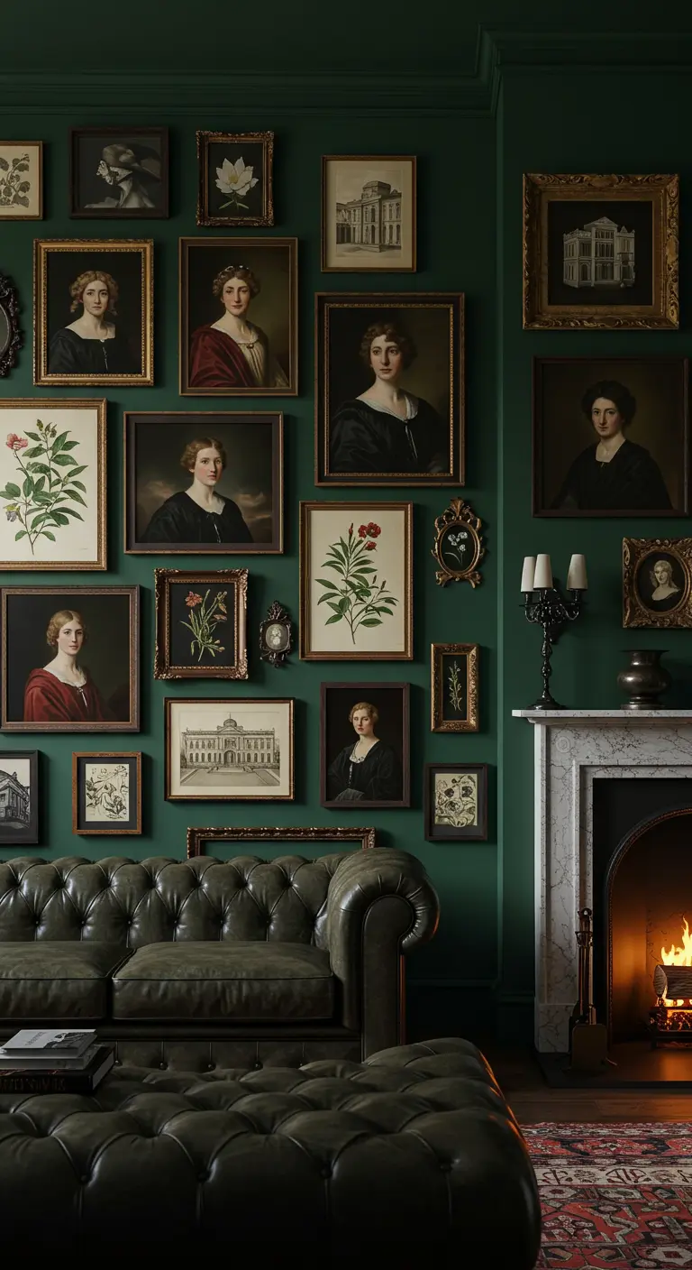Pared de galería oscura y sofisticada con retratos clásicos sobre una pared verde intenso