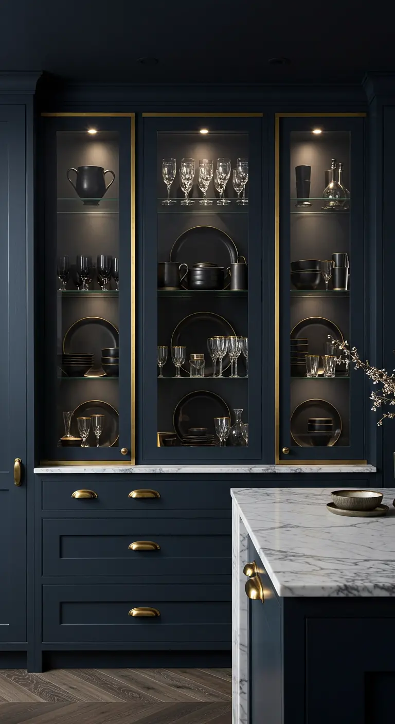 Vitrinas de cocina azul oscuro con marcos dorados e iluminación interior, mostrando vajilla negra.