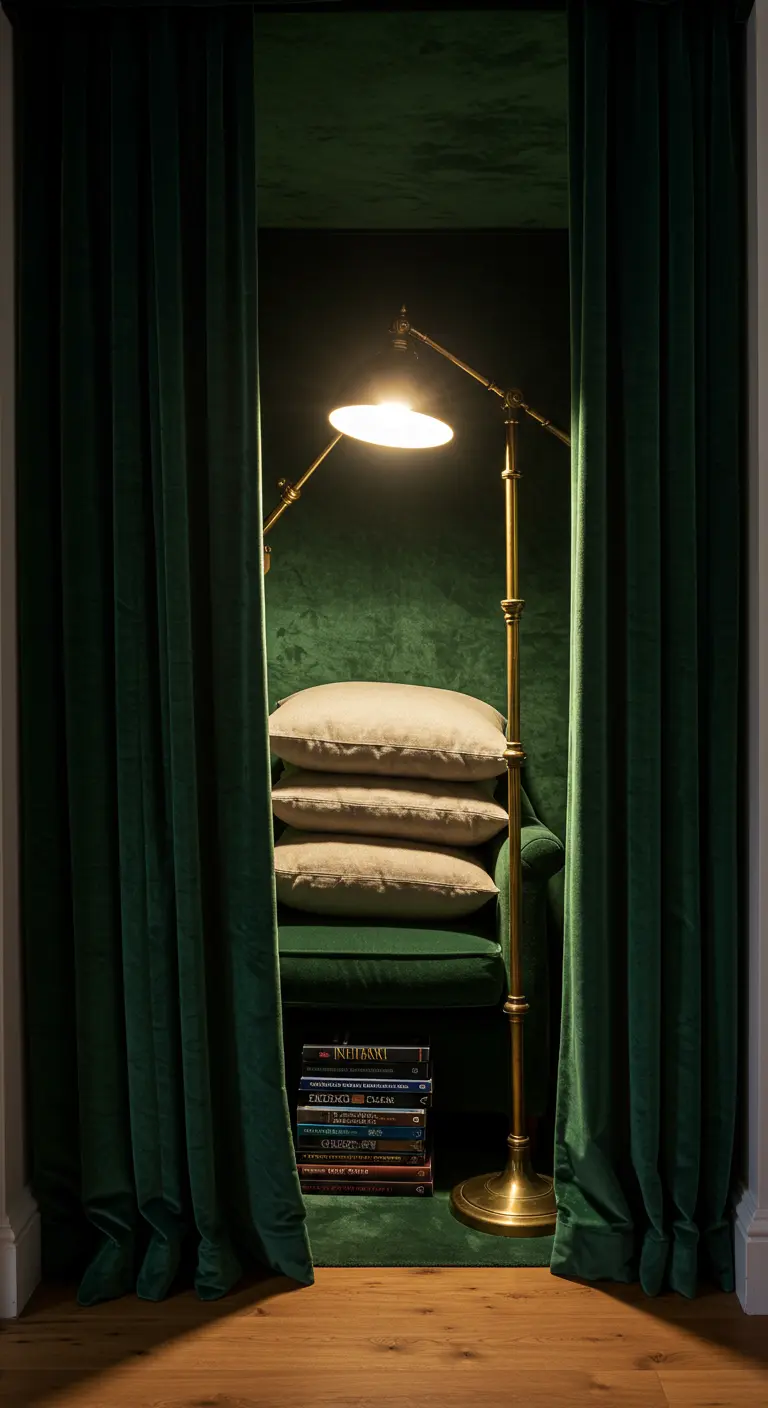 Rincón de lectura oculto tras cortinas de terciopelo verde con una butaca y una lámpara dorada