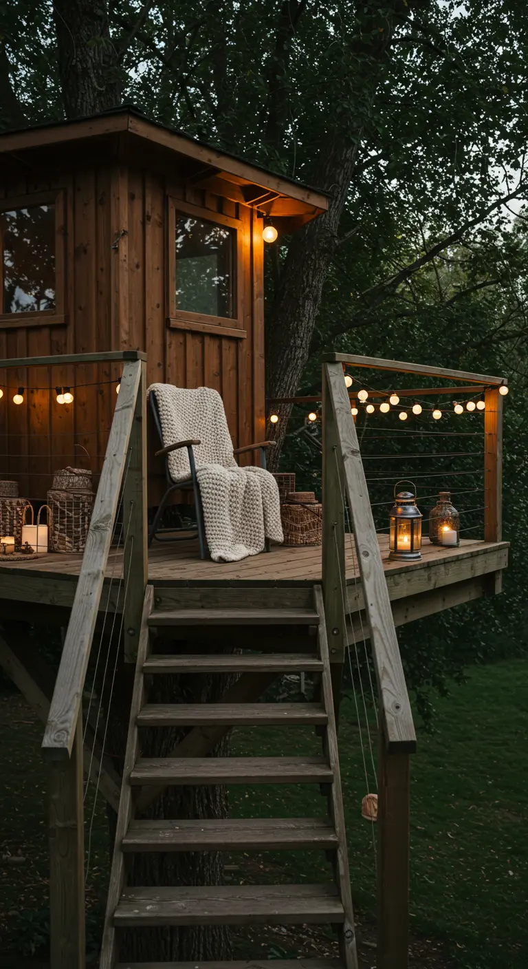 Terraza de una casa en un árbol con una silla, manta de punto, guirnaldas de luces y faroles.