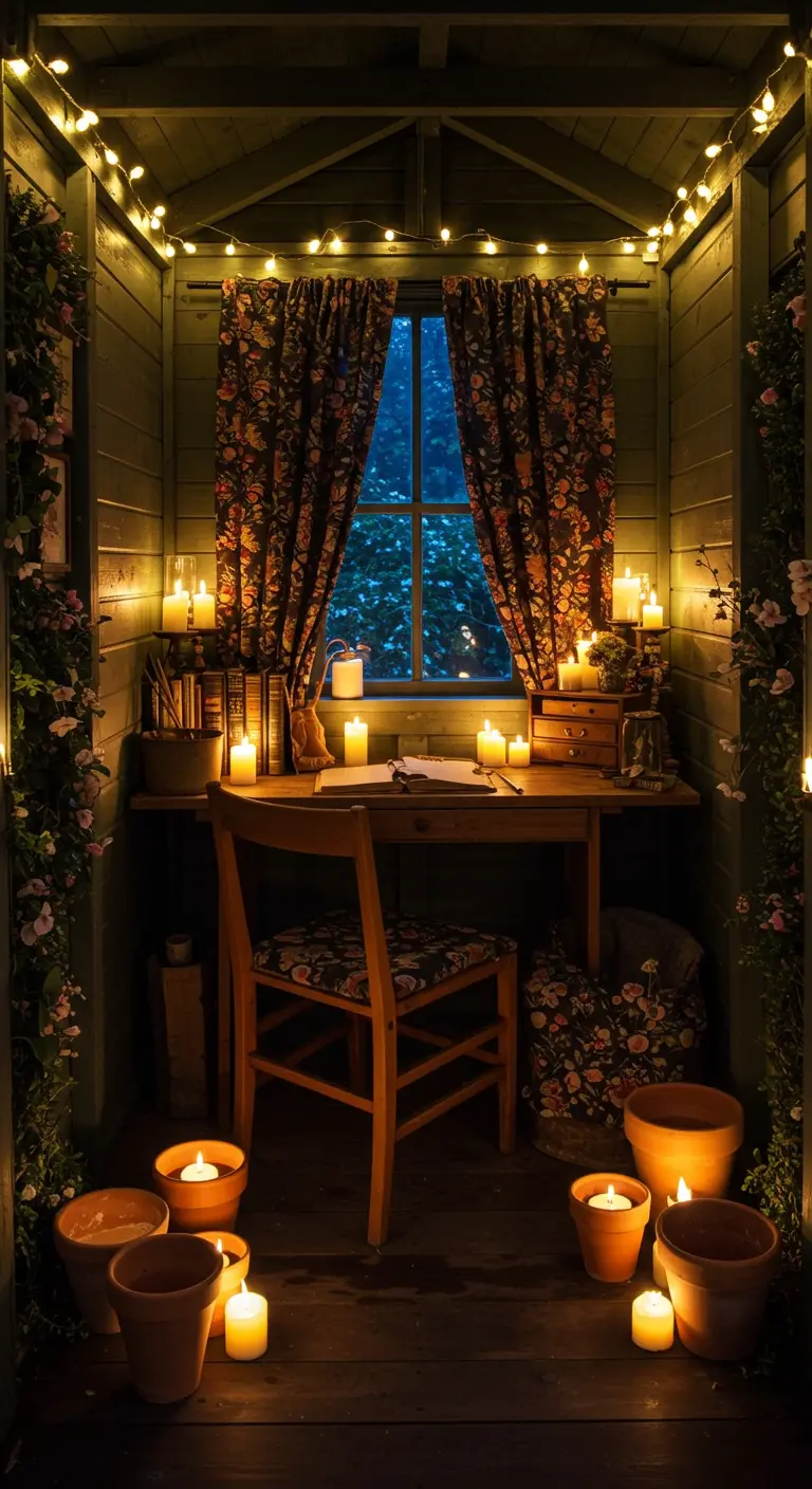Pequeño cobertizo de madera decorado con guirnaldas de luces y muchas velas.