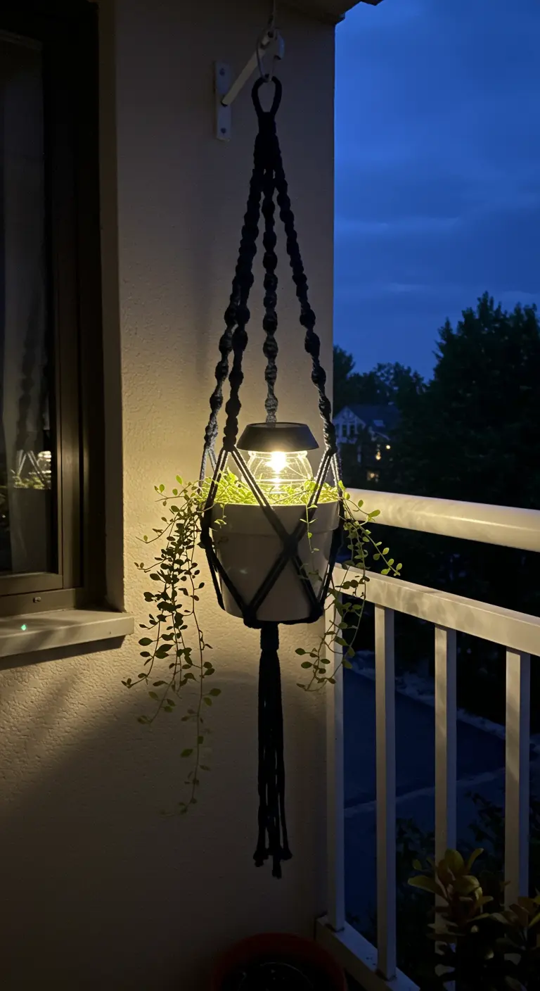 Colgador de macramé negro en un balcón por la noche, con una luz solar iluminando la planta desde dentro.