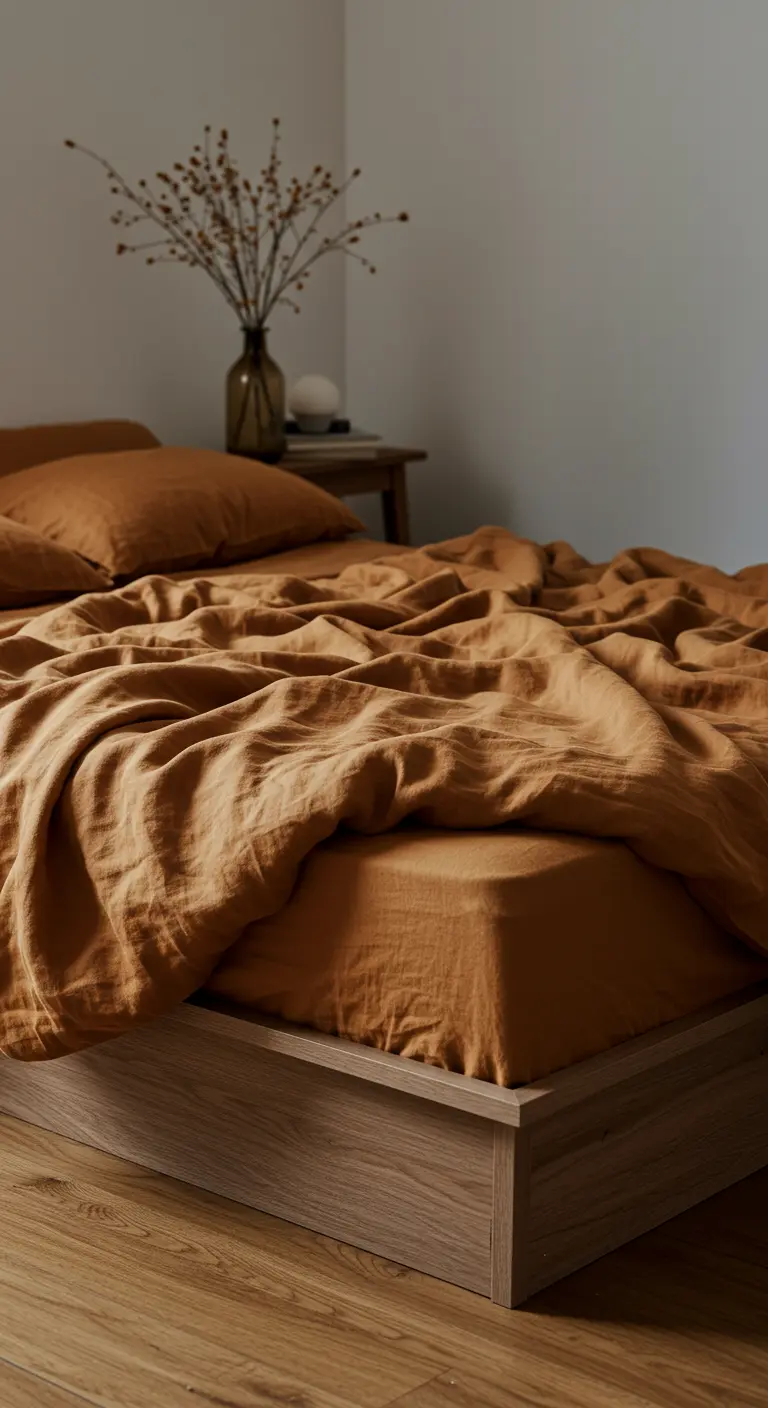 Detalle de ropa de cama de lino arrugado en un cálido color óxido.