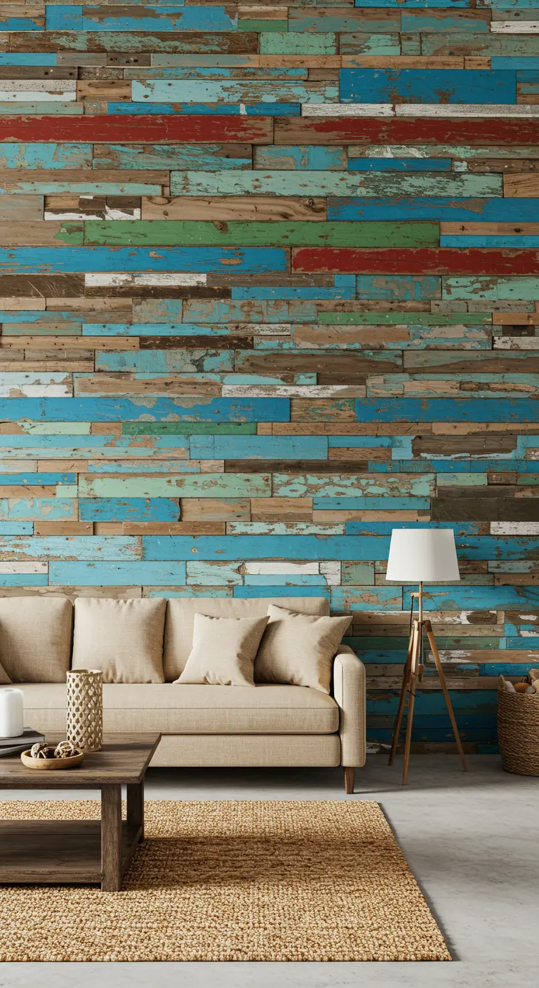 Pared de acento con tablones de madera reciclada con restos de pintura de colores.