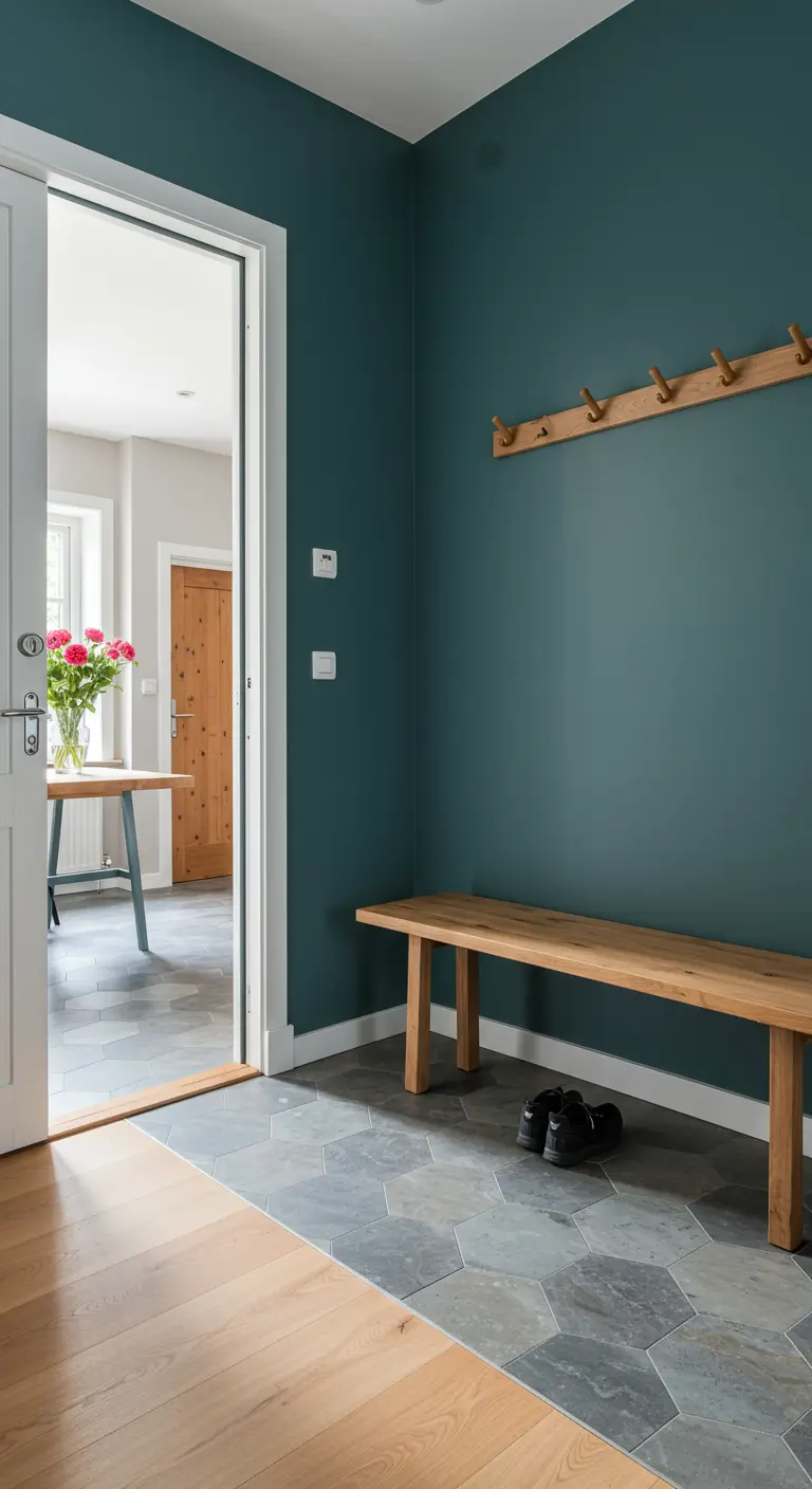 Entrada con pared de color verde azulado oscuro, perchero y banco de madera clara.